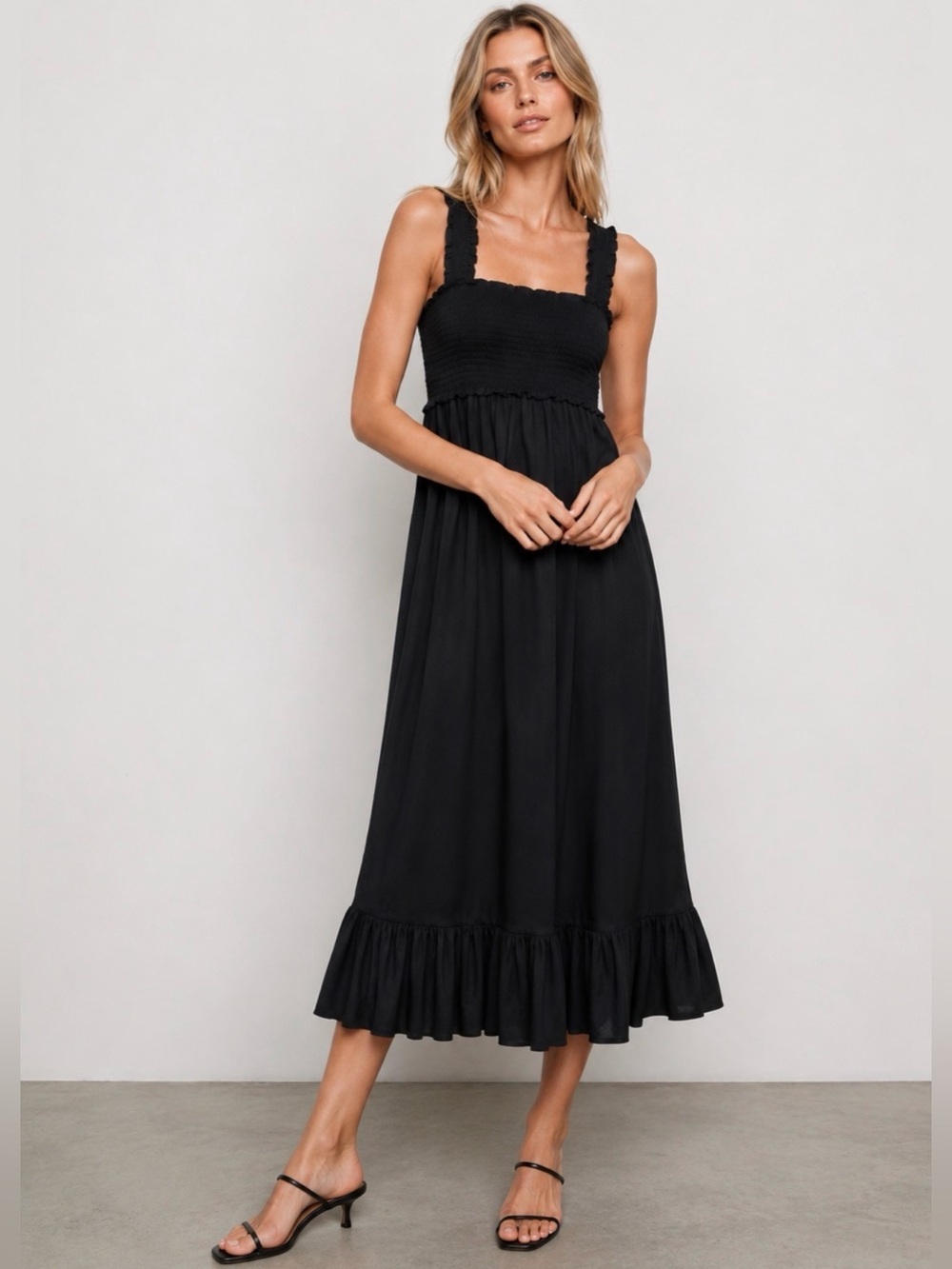 Rails Rumi Black Cotton Smocked Ruffle Midi Dress Size Small Cottagecore